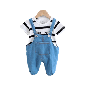 0-4 tahun setelan Kaos + overall denim Tren Busana bayi Musim Panas Katun jas baju Pakaian Kerja Anak Laki laki Berkualitas Tinggi fashion