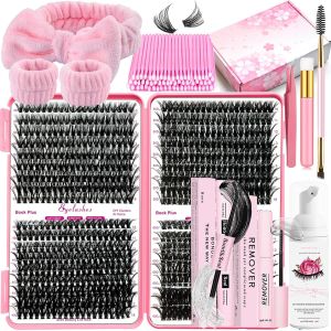 DNSGOOR DIY Lash Extension Kit 590Pcs 9-18mm D Curl Lashes Clusters with Lash Bond and Seal Glue Remover Lash Shampoo Cleansing Brush Headband Wristband Tweezers Eyelash Brush Applicator