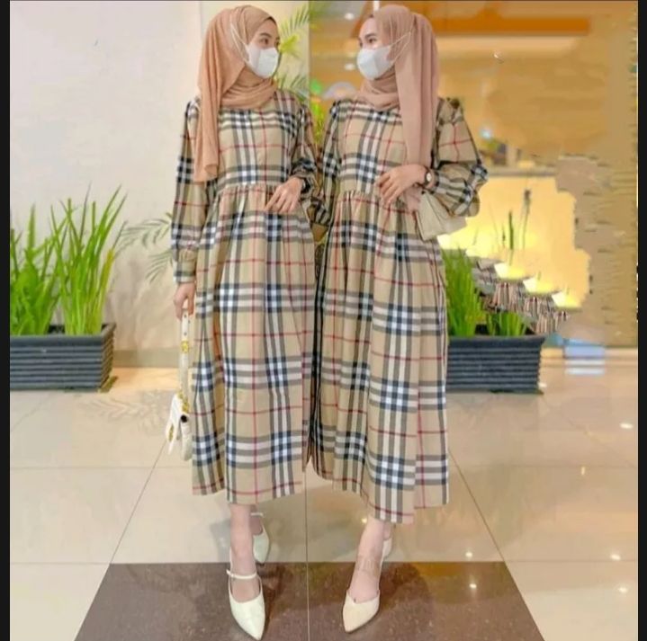 MIDI DRESS KOTAK KOTAK BURBERRY RESLETING DEPAN PAKAIAN WANITA TERBARU Lazada Indonesia