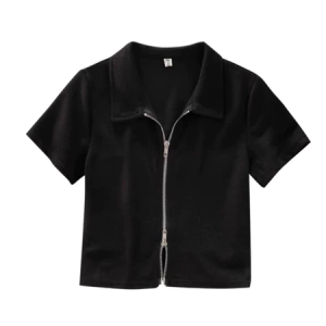 Double Zipper Knit Wanita Lengan Pendek - Atasan Polo Berkerah Korean Style - Crop Top Rajut Zipper Solid Atasan Wanita Terbaru