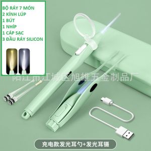 (pin sạc) Bộ ráy tai sạc pin  có đèn led và kính lúp  cho bé 7 món full box an toàn - dụng cụ lấy rấy tay - phụ kiện chăm sóc tai