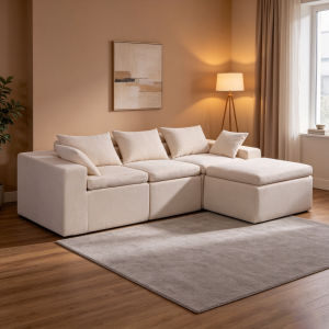 4-Seater Vacuum Compressed Sofa Bed L-Shape Cloud Sofa Modular Chenille Couch High Density Foam Sectional Sofa for Small Living Room & Apartment