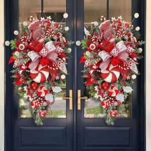KJ57K Red White Candy Christmas Wreath Lollipop Bow Pine Teardrop Shape Door Hanger High-quality Quick installation Christmas Door Hanging Decoration Front Door