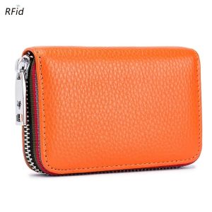 Genuine Leather RFID Blocking Wallet for Women – Stylish Zippered Card Holder with Multiple Compartments Compact Coin Purse in Orange & Black Perfect for Credit Cards and IDs Card Holder Wallet For Men&Women