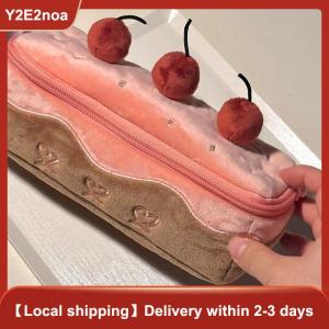 【Y2E2noa】 Cute Plush Cherry Cake Pen Bag Exquisite Storage Large Capacity Student Advanced Stationery Korean Stationery Pencil Pouch