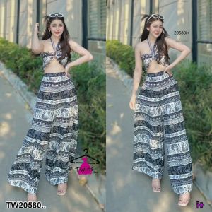 B20580 set 2 ชิ้น เสื้อเกาะอกแต่งผูกโบว์ + กางเกงขายาว ลายช้าง กางเกงช้าง Set of 2 pieces: stratsples