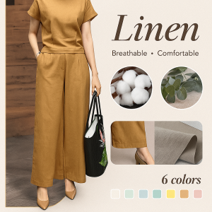 2PCS Japanese Elegant Cotton Linen Short Sleeve + Wide-leg Pants Fashion Plus Size Leisure Set