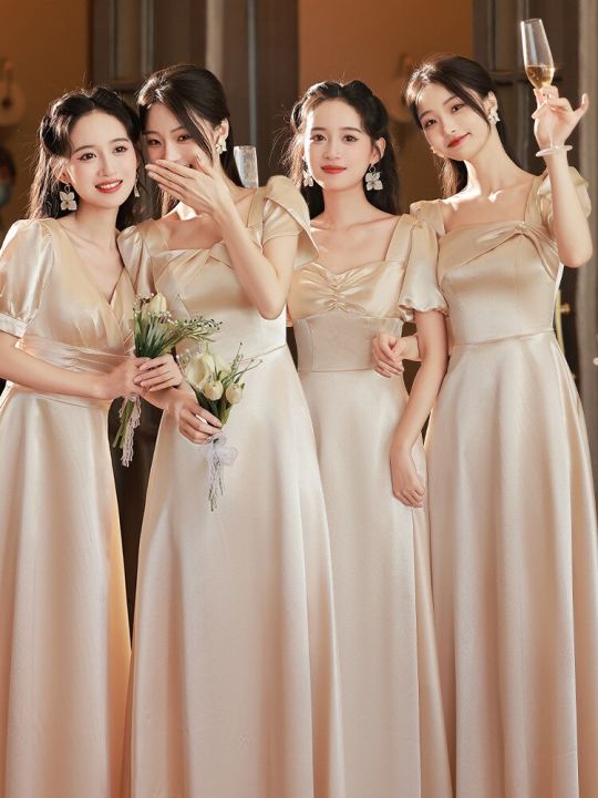 Available】Champagne Gold Bridesmaid Dress Luxurious Satin V Neck Puff  Sleeves Wedding Party Simple A Line Long Formal Banquet Gown | Lazada PH