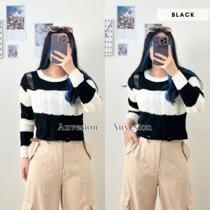 6037 Amora Long Sleeves Mesh Knit Top Sweater Korean Top Atasan Wanita