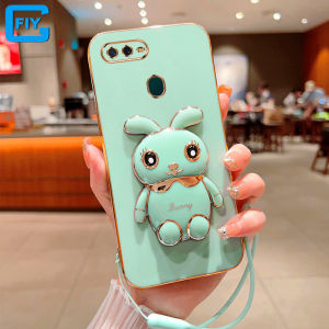 Casing For OPPO A5 2020 A9 2020 A15 A15S Fashion Phone Case Cute Charming Rabbit Bracket All-inclusive Plating Protective Case + Lanyard
