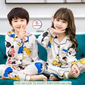 12 đến 42KG - Bộ Pijama tay dài cho bé trai bé gái chất lụa tơ xước ánh kim mềm mát 089