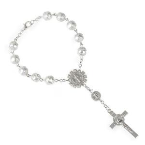 Metal Bracelets for Women Silver Tone Beads with Silver Chain and Cross| One Decade Auto Rosary Beads Catholic Bracelet