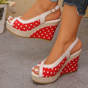 [Free Shipping] WomenS High-Heeled Shoes Wedge Heels 2026 Summer New Collection Polka Dot Pattern Plus Sizes Thick-Soled Open-Toe Sandals