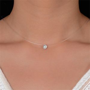 Fashion Shiny Crystal Necklace For Women Female Transparent Fishing Line Round Zircon Choker Minimalist Clavicle Chain Jewelry