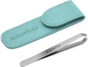 AUSOMTEK Beard Tweezers White Hair Plucking Fine Hair Removal Eyebrows Shaping Tool 5mm Tip Stainless Steel Cyan PU Case 1Pack