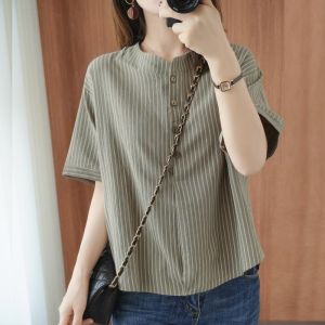 LUCKIN STORE Womens Cotton Linen T-shirt Womens Loose Casual Top Vintage Loose Stripe Shirt 2025 Summer New Blouse Plus Size