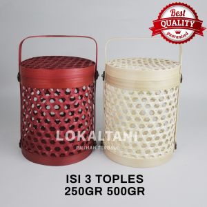 Rantang Bambu / Hampers Bambu Merah Motif Segienam Muat 3 Toples