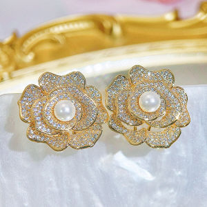 SEQUITO Expensive Women Jewelry White Gold Plated Dancing Pearl Stud Earrings Full Micro Pave Tiny AAAAA Sparkling Zirconia Ear Decoration SE961