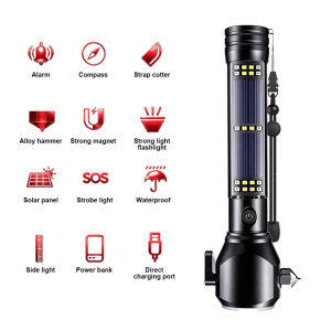 Solar Powered Car Safety Hammer Flashlight 13 In 1 Multifunctional Emergency Escape Tool With Seatbelt Cutter Glass Breaker Compass Survival Gadget For Auto Outdoor Lamp