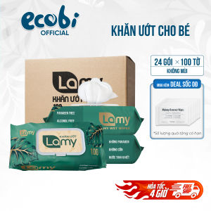 Thùng 24 gói khăn ướt Lamy 100 tờ không cồn không parabens cao cấp dành cho em bé