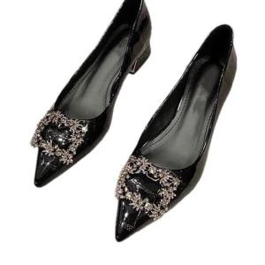 Rhinestone Chunky Heel WomenS Shoes With Unique Design 2026 New Model Pointed Toe Shallow Mouth Flat Black Work Shoes For Women