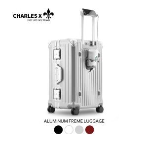 Charles X Large capacity multifunctional aluminum-framed suitcase travel case with sturdy rotating wheels and luggage compartment