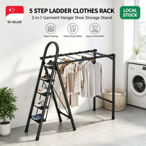 Multi Purpose Ladder Clothes Stand Foldable Shoe Rack Garment Hanger Heavy Duty Metal Frame For Compact HDB Condo Household Use