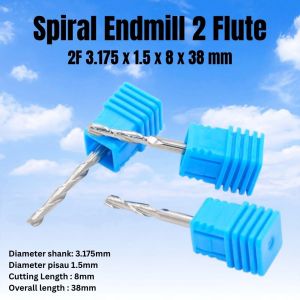 EndMill 2 Flute Spiral 1.5mm - CNC Router Bit / Mata Milling Carbide 1.5 mm 2F
