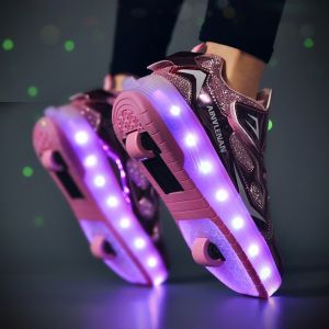 Flashing Light Walking Shoes Boys and Girls Single and Double Wheels Childrens Pulley Sneakers Girls Shoes with Wheels Student Skates