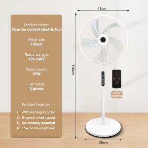 Floor Stand Fan 16 Inch Stand Fan Remote Control Fan 8 Speed 5 Blades Timing Home Office Stand Fan