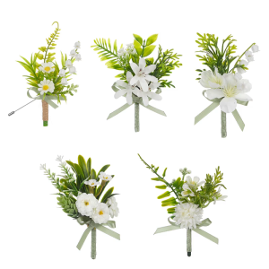 Hoa màu trắng boutonniere hoa Corsage cho chú rể và người phù rể với lá như thật và hoa cho lễ cưới