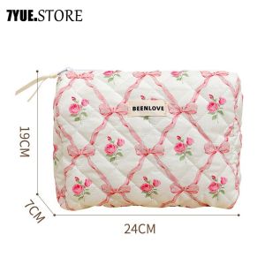 Cotton Quilted Cosmetic Bag Bow Flower Makeup Bag   Aesthetic Womens Large Floral Storage Bag