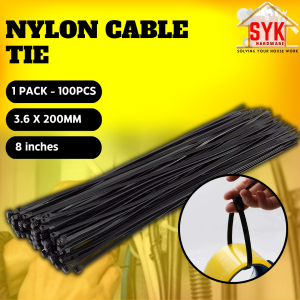 SYK 100Pcs 8" 3.6mm x 200mm 1Pack Heavy Duty Black Nylon Cable Tie Locking Zip Ties Pengikat Wayar Kabel Tie
