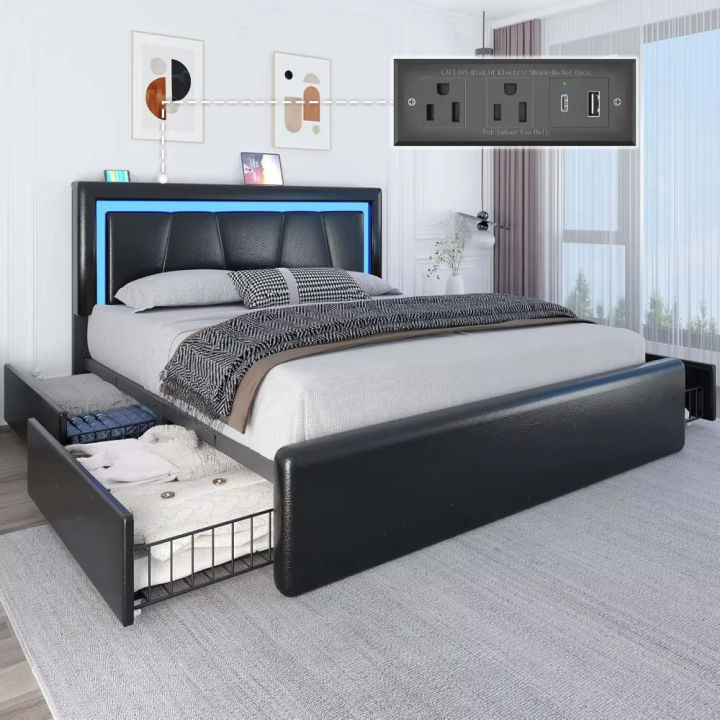 Full Size Bed Frame with 4 Storage Drawers , Upholstered Platform Bed ...