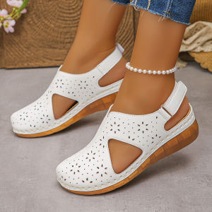 [Free Shipping] WomenS Sandals New Style Casual Hollow Breathable With Velcro Straps Wedge Heel Open-Toe Design And Stitched Detailing