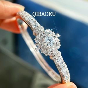 QIBAOKU Luxury Moissanite Open Bangles 925 Sterling Silver GRA Certified Lab Diamonds Bracelets for Women Party Jewelry Gifts