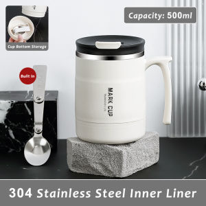 JustLiving 500ML 304 Stainless Steel Vacuum Flask Cup Coffee Mug-Double-Walled Stainless Steel Thermos Cup with Spoon and Lid Cawan Kopi Tahan PanasIce American Coffee Cup