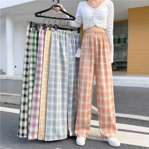 Women Plaid Pants Loose Casual Girls High Waist Wide Leg Long Pants