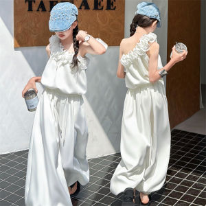 Girls White Black French Style Elegant Outfits with Ruffle Shoulder Top And Wide Leg Pants Childrens Clothing Sets for Girls h260702
