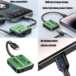 2 in 1 Mobile Sound Adapter for Gamers 30W Rapid Charging Triple Thickened Wire Cable No Hiss Stable Connection