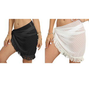 Womens Sarong Coverups Short Beach Wrap Skirt Sheer Chiffon Bikini Swimsuit Wrap Skrits Bathing Suit Scarf with Tassels