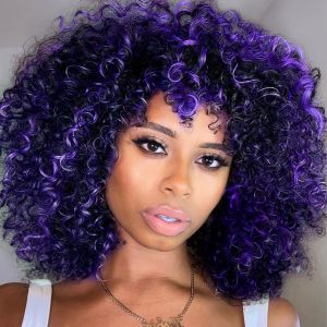 YEAME Curly Wigs for Black Women - Afro Curly Wig with Bangs Natural Black Heat Resistant 15" Full Wig 150% Density Glueless 1 Count
