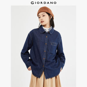 GIORDANO ผู้หญิง เสื้อเชิ้ตโอเด้ง กระดุม กระเป๋าเดี่ยว เสื้อเชิ้ตยีนส์หลวม คอกลม แขนยาว แฟชั่นลำลอง 18343617