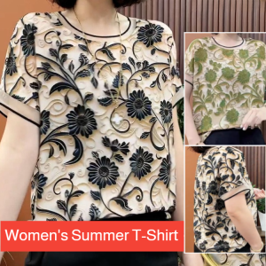 Womens Short-Sleeved T-Shirt Three-Dimensional Flower Retro Temperament Top Slim Fit Fashionable Versatile Mothers Day Gift