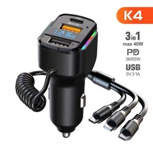 Sạc xe hơi Cáp sạc nhanh lò xo 3 trong 1 PD sạc xe hơi USB kép Bộ sạc xe hơi đa chức năng K4