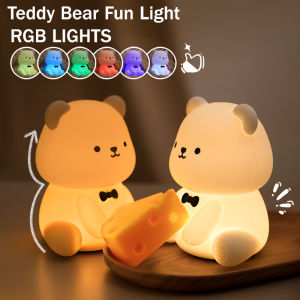 RGB LED Cute Pat Night Lights Panda Rabbit Teddy Bear Silicone Lamp with USB Rechargeable Multifunctional Timing Bedside Decor Kids Baby nightlight Birthday Gift