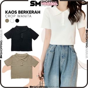 Kemeja Wanita Lengan Pendek Polos Bahan Rajut Kaos Berkerah / Atasan Crop Wanita Short Sleeeve Tshirt Fashion Street Women SM P369