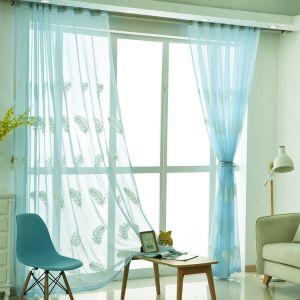 AnneyOneDecor Embroidered Sheer Curtains for Living Room Bedroom Feather Pattern Sheer Curtain Blue Voile Draperies Panel for Sliding Door