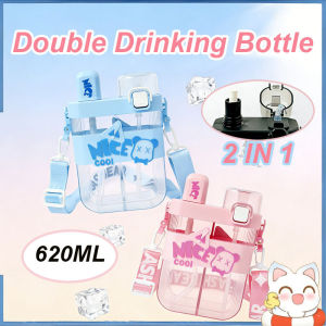 620ml Double Drink Bottle Cup 2 in 1 Straw Cup Plastic Square Drinking Water Bottle Kanak-kanak Botol Air