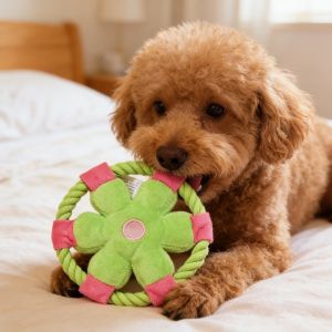 OUTOPEN Squeaky Dog Flying Disc Flower Design Cotton Rope Dog Chew Toy Pet Molar Toy Bite-Resistant Rope Dog Toy Teeth Cleaning